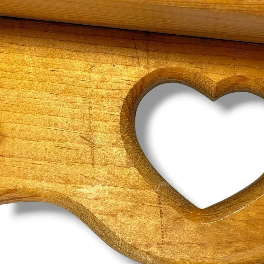 Wood Wall Shelf With Heart Cutout, Pegs Country Farmhouse Cottagecore Decor 14.5